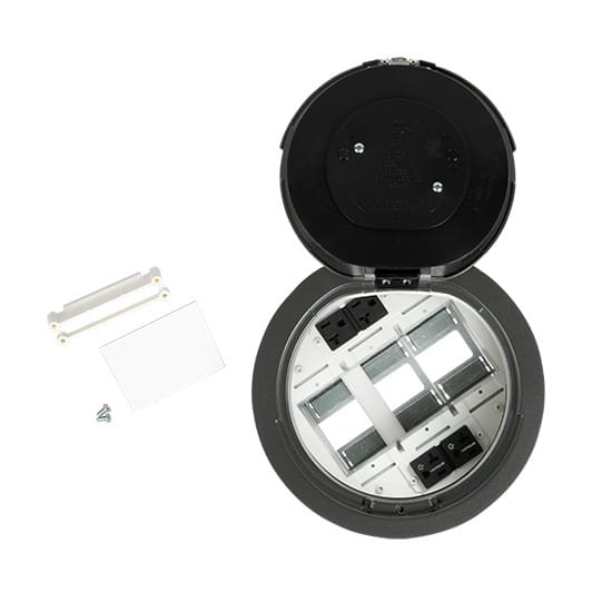 Here's an 8-word alt tag for the image: Floor-mounted electrical outlet box with multiple receptacles.