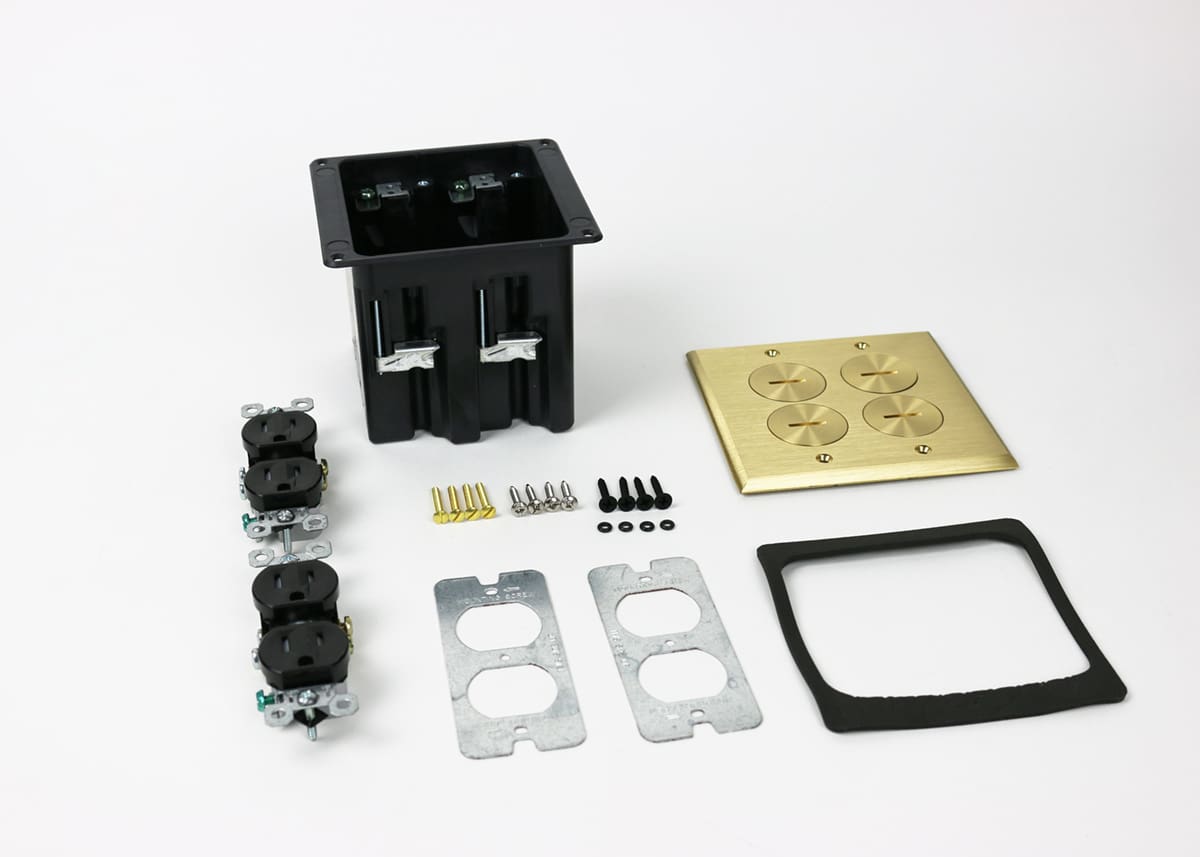 Here's an alt tag for the image: Floor outlet kit with installation hardware.