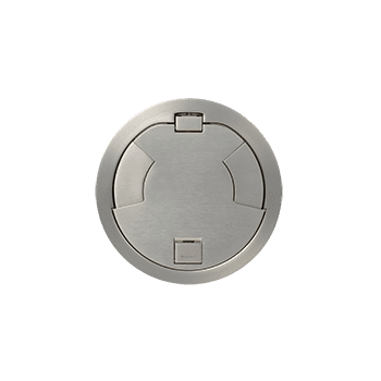 Here's an alt tag for the image: Stainless steel pop-up power outlet cover.