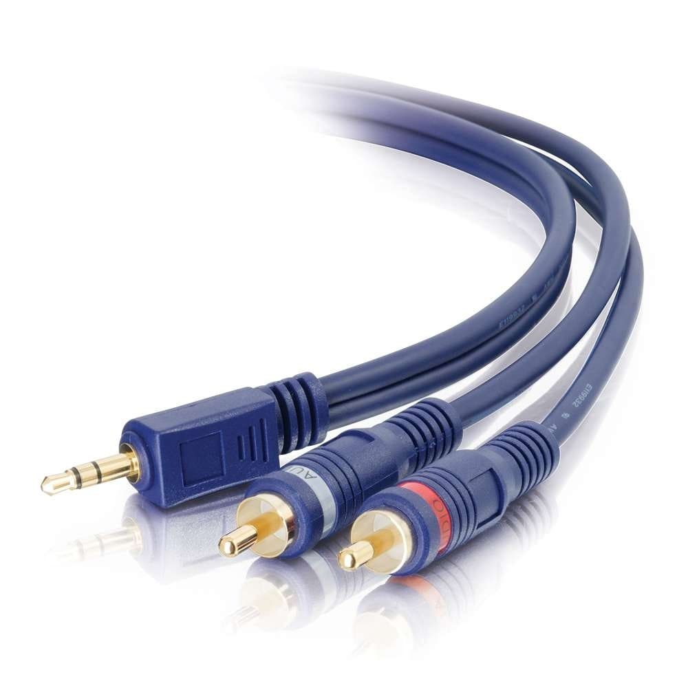 Blue audio cable with RCA and mini-jack plugs.