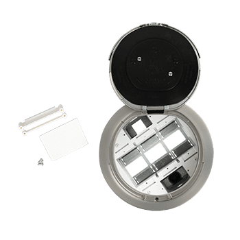 Here's an 8-word alt tag for the image: Round metallic electrical enclosure with lid and parts.