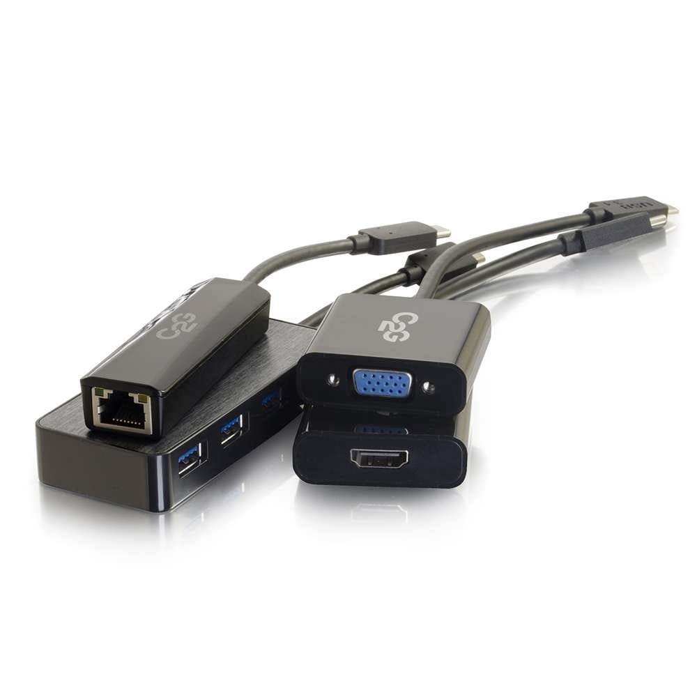 Black USB and video adapter hubs.