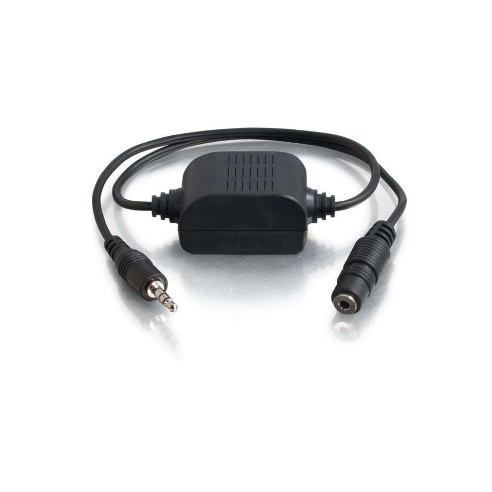 Black audio adapter with two jacks.