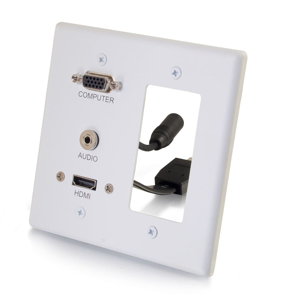 White wall plate with HDMI, audio, computer ports.
