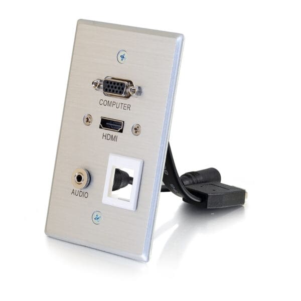 Wall plate with HDMI, VGA, and audio ports.