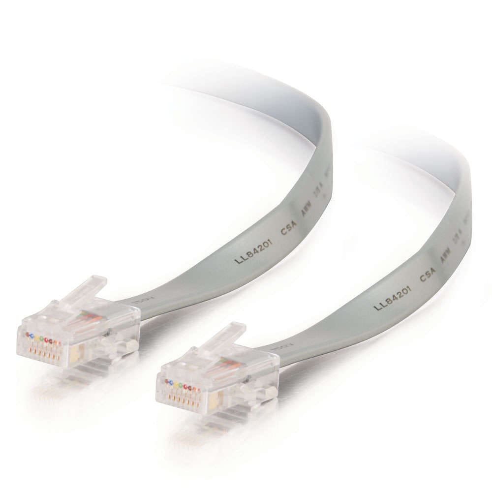 Here's an 8-word alt tag for the image: Two gray RJ11 network cables with connectors.