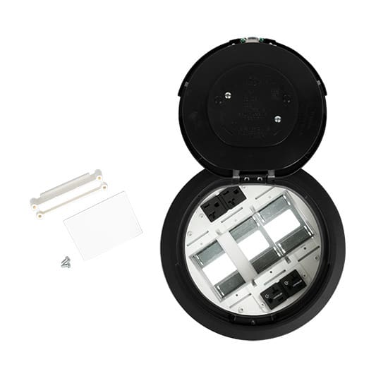 Here's an 8-word alt tag for the image: Black outdoor electrical box with multiple outlets.