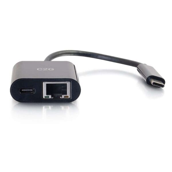 Black USB-C to Ethernet adapter.