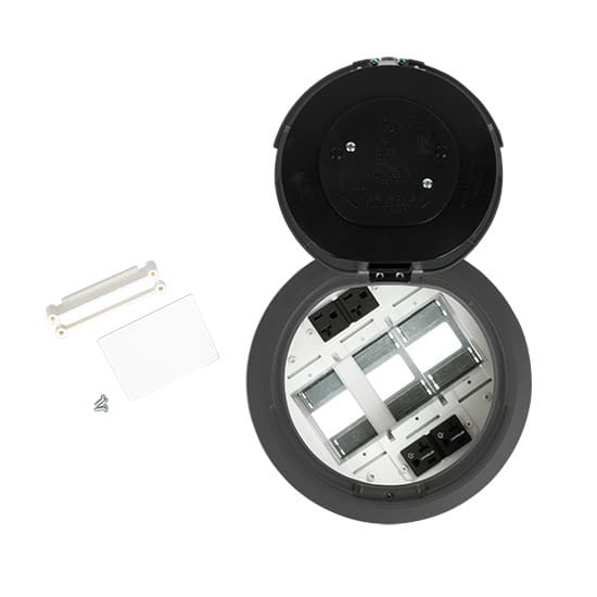 Here's an 8-word alt tag for the image: Floor electrical box with multiple outlets and blanks.