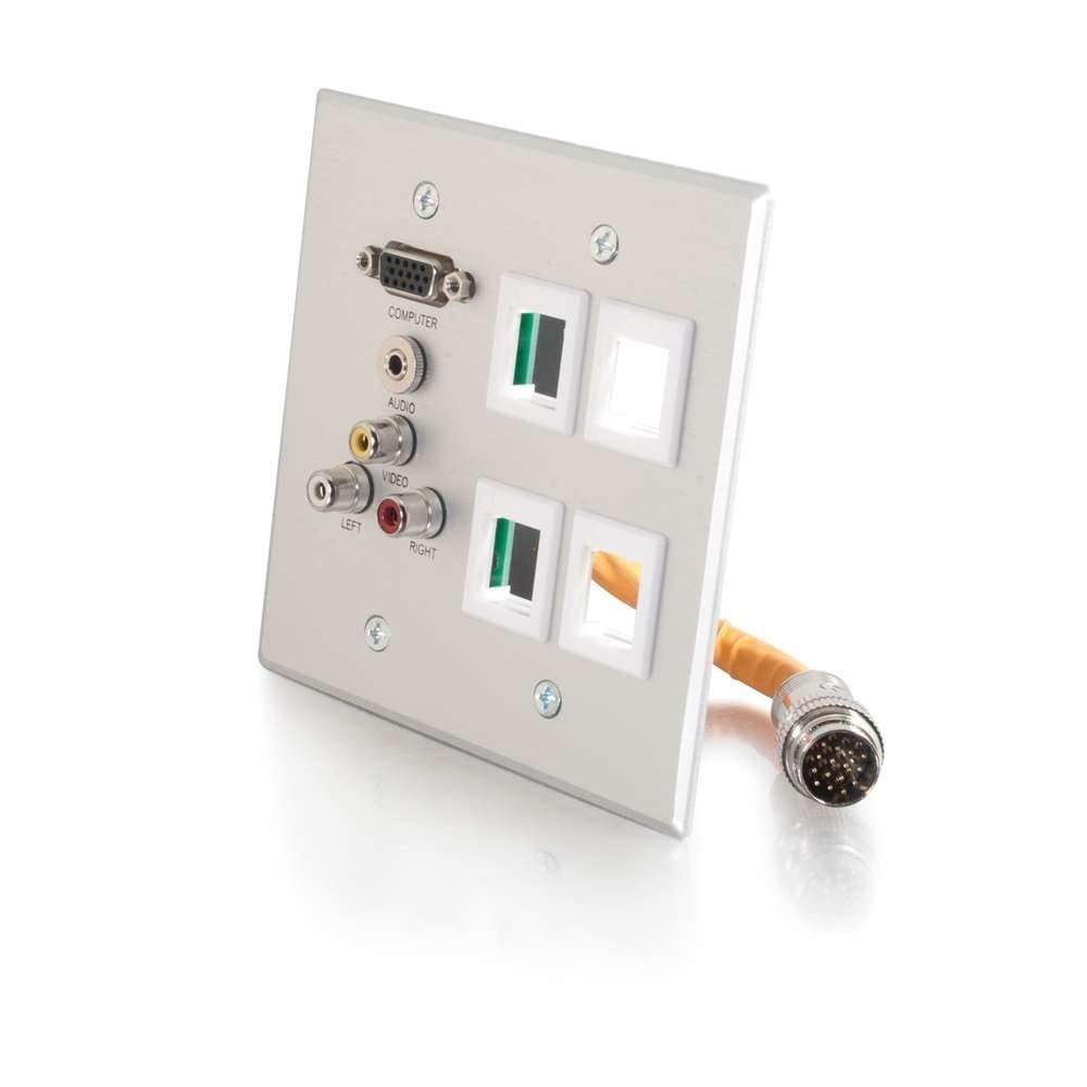 Here's an alt tag for the image: Wall plate with audio/video jacks.