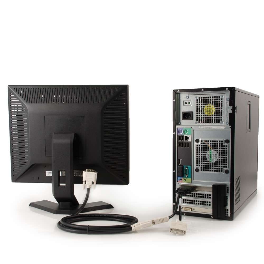 Computer tower connected to monitor.