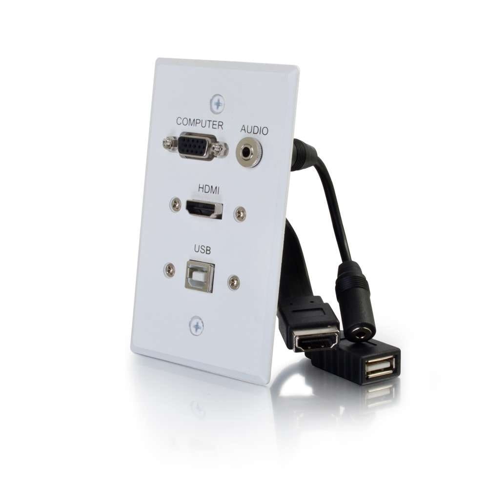White wall plate with AV ports and cables.