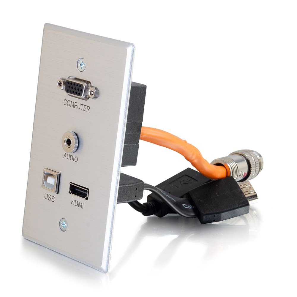 Wall plate with USB, HDMI, and audio ports.