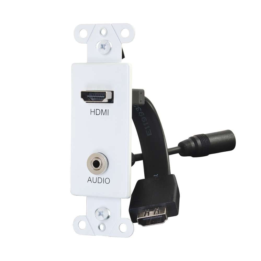 White HDMI and audio wall plate.