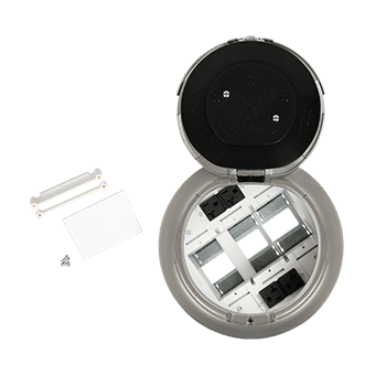 Here's an alt tag for the image: Round, gray electrical surface mounting box.