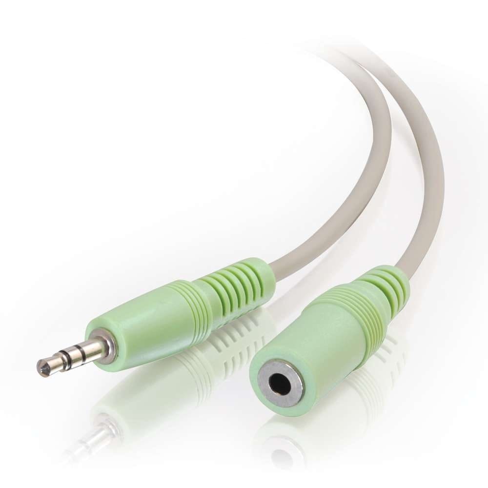Here's an 8-word alt tag for the image: Green 3.5mm audio cable with male and female jacks.