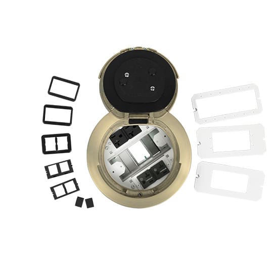 Here's an alt tag for the image: Gold floor box with outlets and plates.