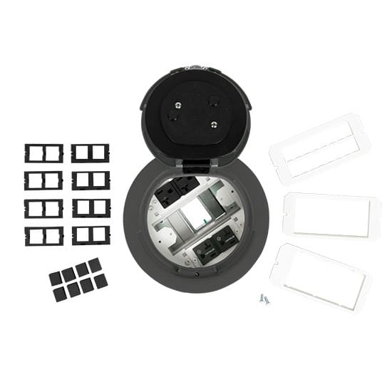 Floor power outlet with blank plates.