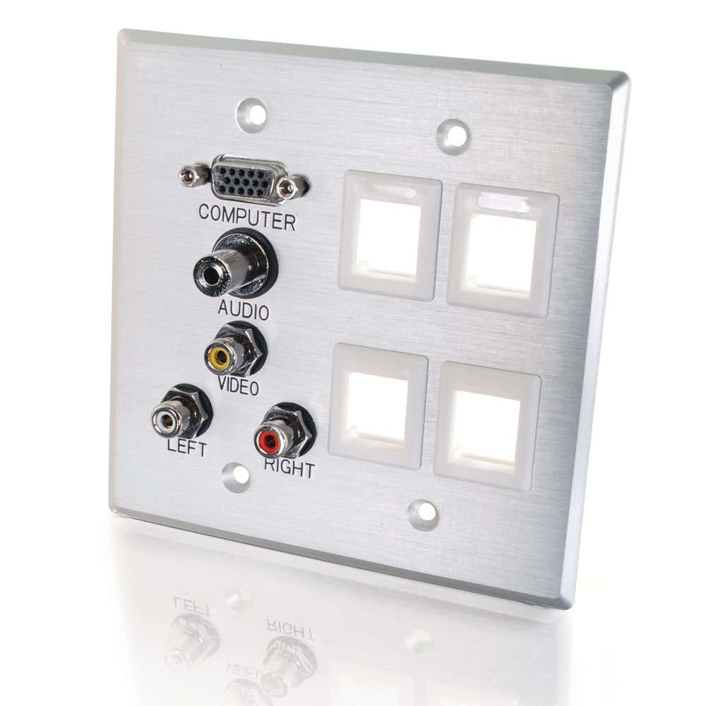 Here's an alt tag for the image: Aluminum wall plate with A/V jacks.