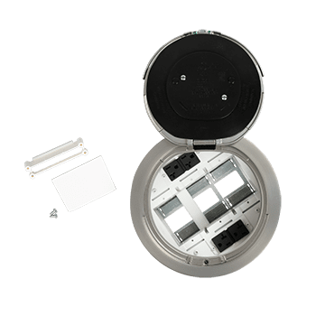 Here's an 8-word alt tag for the image: Floor-mounted electrical outlet box with components.