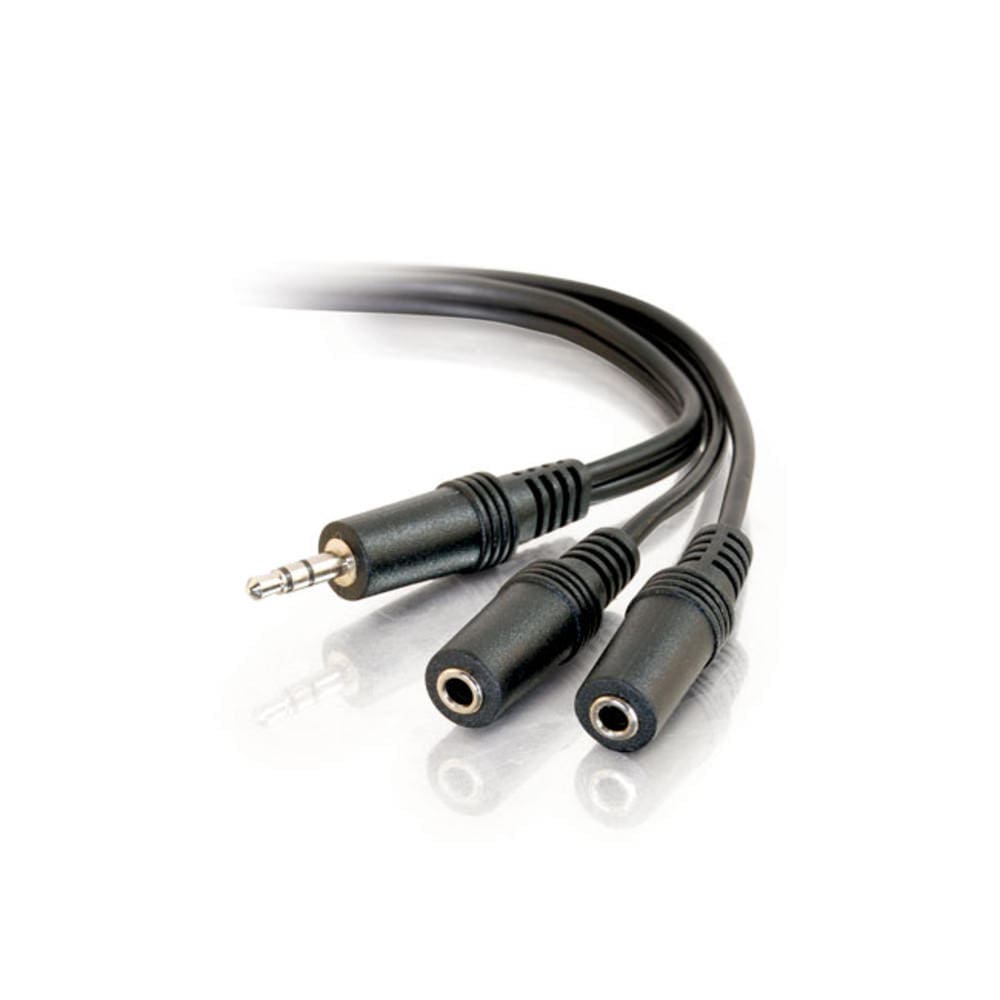 Here's an 8-word alt tag for the image: Black 3.5mm stereo audio splitter cable.