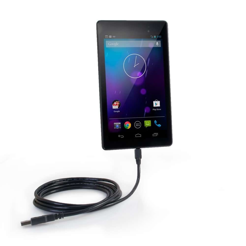 Black tablet charging with USB cable.