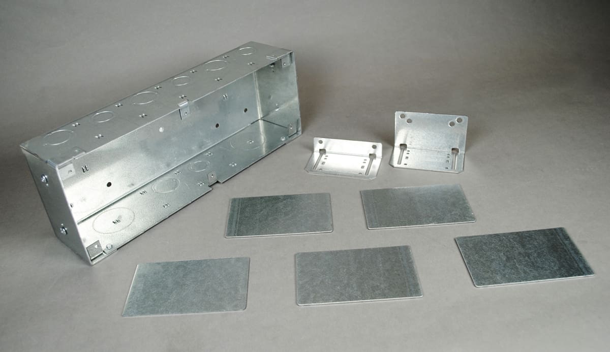 Metal electrical box and mounting plates.