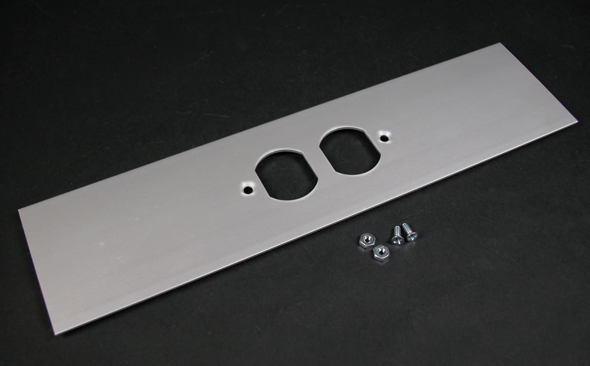 Here's an alt tag for the image: Double outlet metal plate with screws.