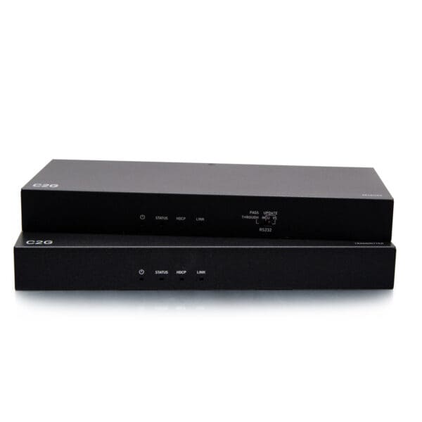 Here's an alt tag for the image: Two black C2G video extenders.