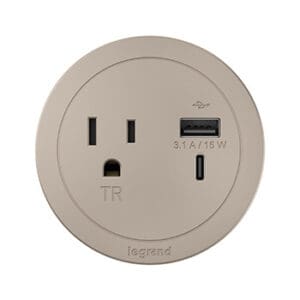 Round FPC with 1 Outlet with USB in Nickel with 10 ft Combo USB-A and USB-C