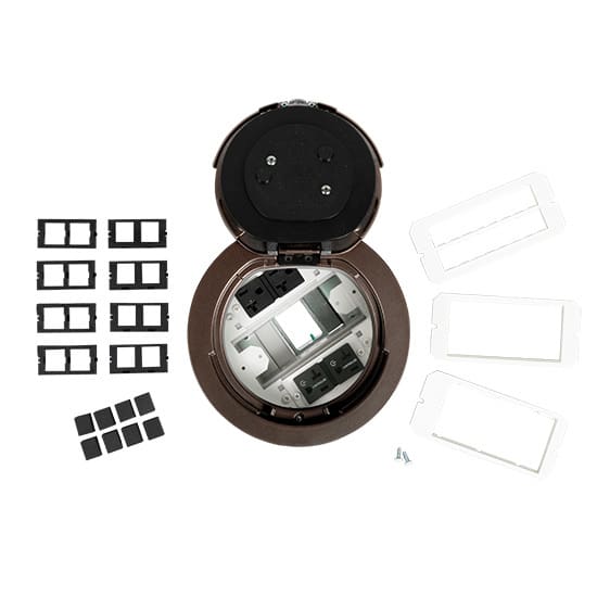 Here's an 8-word alt tag for the image: Brown floor box with inserts and plates.