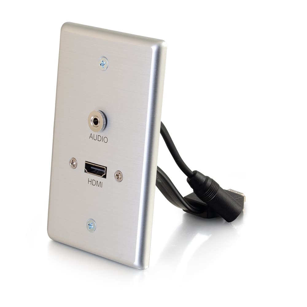 Silver HDMI and audio wall plate.