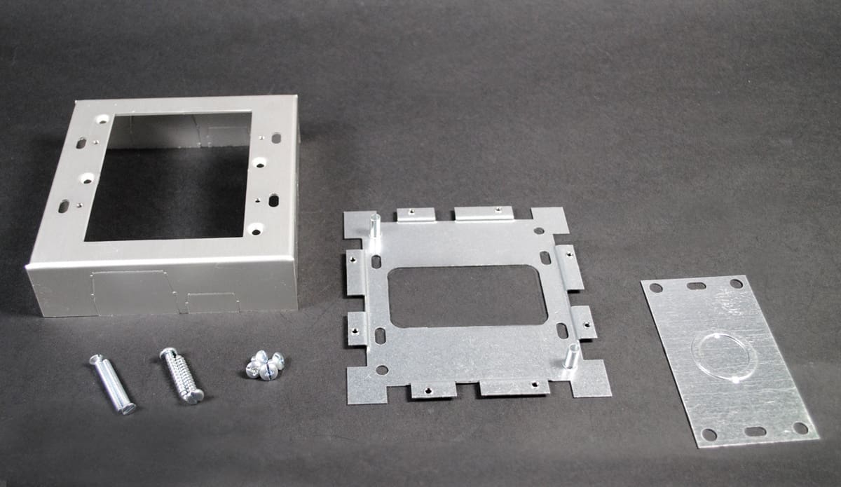 Metal electrical box and mounting hardware.