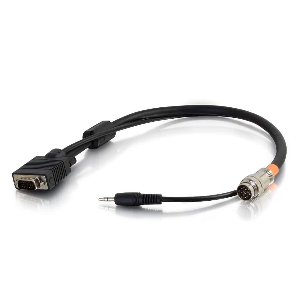 Here's an 8-word alt tag for the image: Black cable with VGA, audio, and DB9 connectors.