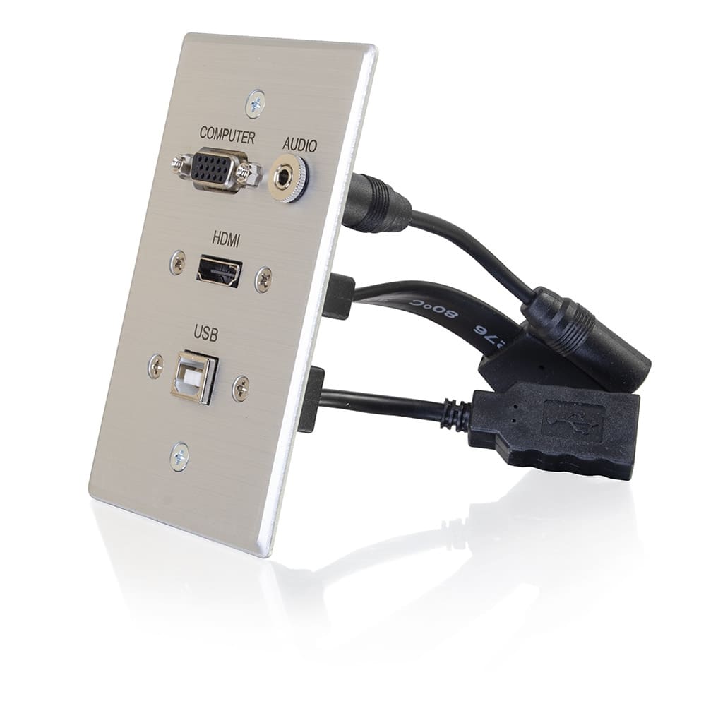 Wall plate with HDMI, USB, audio, and computer ports.