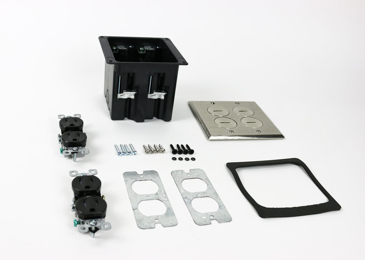 Here's an 8-word alt tag for the image: Floor outlet installation kit with parts and screws.
