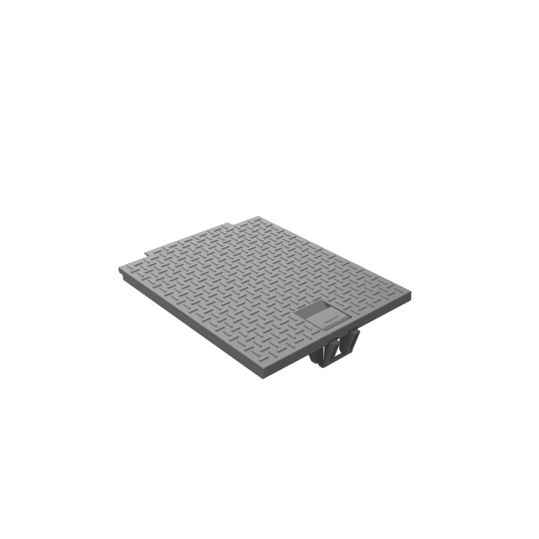 Grey square manhole cover, top view.
