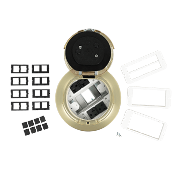 Here's an alt tag for the image: Gold outdoor power box with plates.