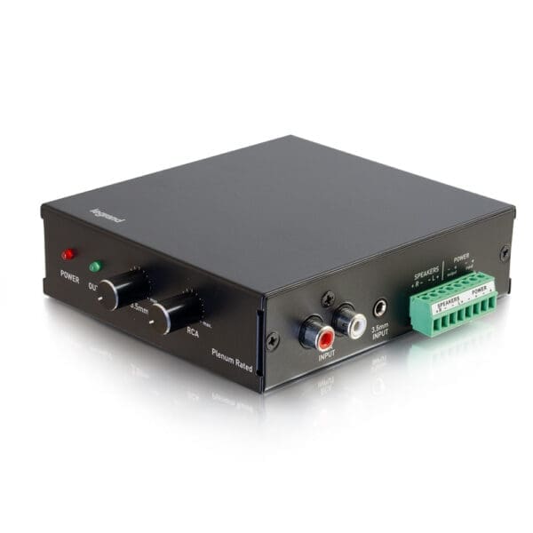 Black Legrand audio amplifier with RCA inputs.