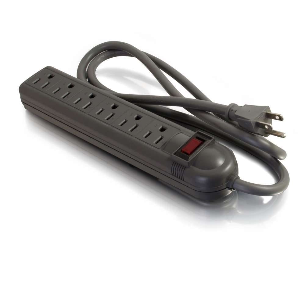 Gray power strip with six outlets.