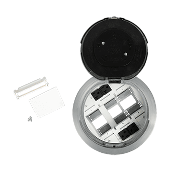 Here's an alt tag for the image: Round floor electrical box with outlets.