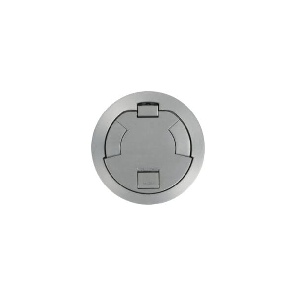 Here's an alt tag for the image: Silver circular floor outlet cover.