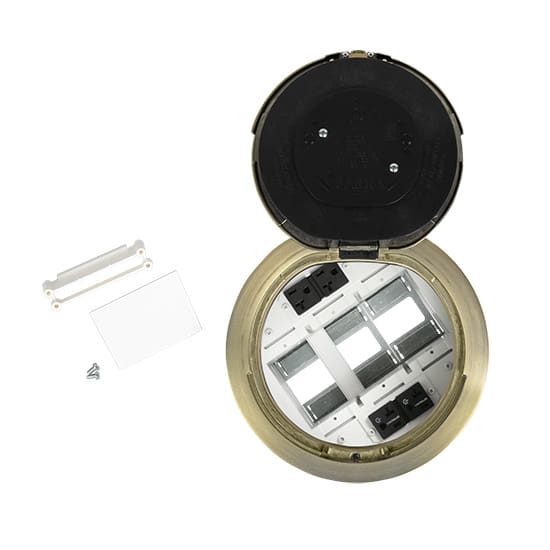 Here's an alt tag for the image: Brass outdoor electrical box with outlets.
