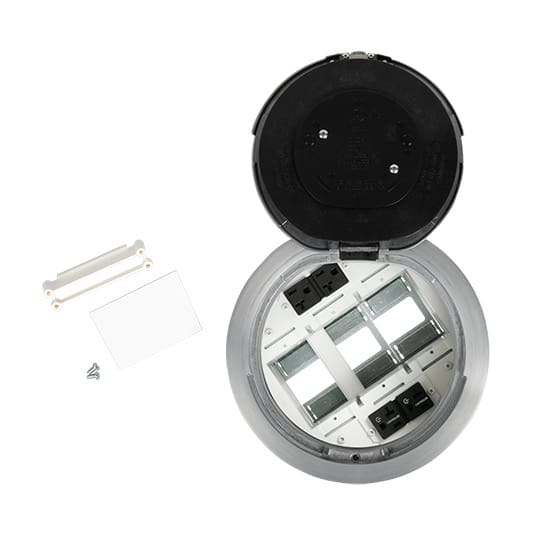 Here's an 8-word alt tag for the image: Outdoor multi-outlet electrical box with cover open.