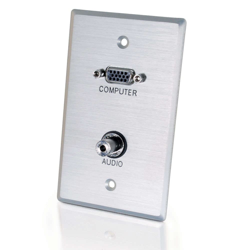 Silver wall plate with computer and audio jacks.
