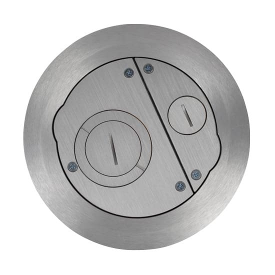 Stainless steel floor electrical outlet.