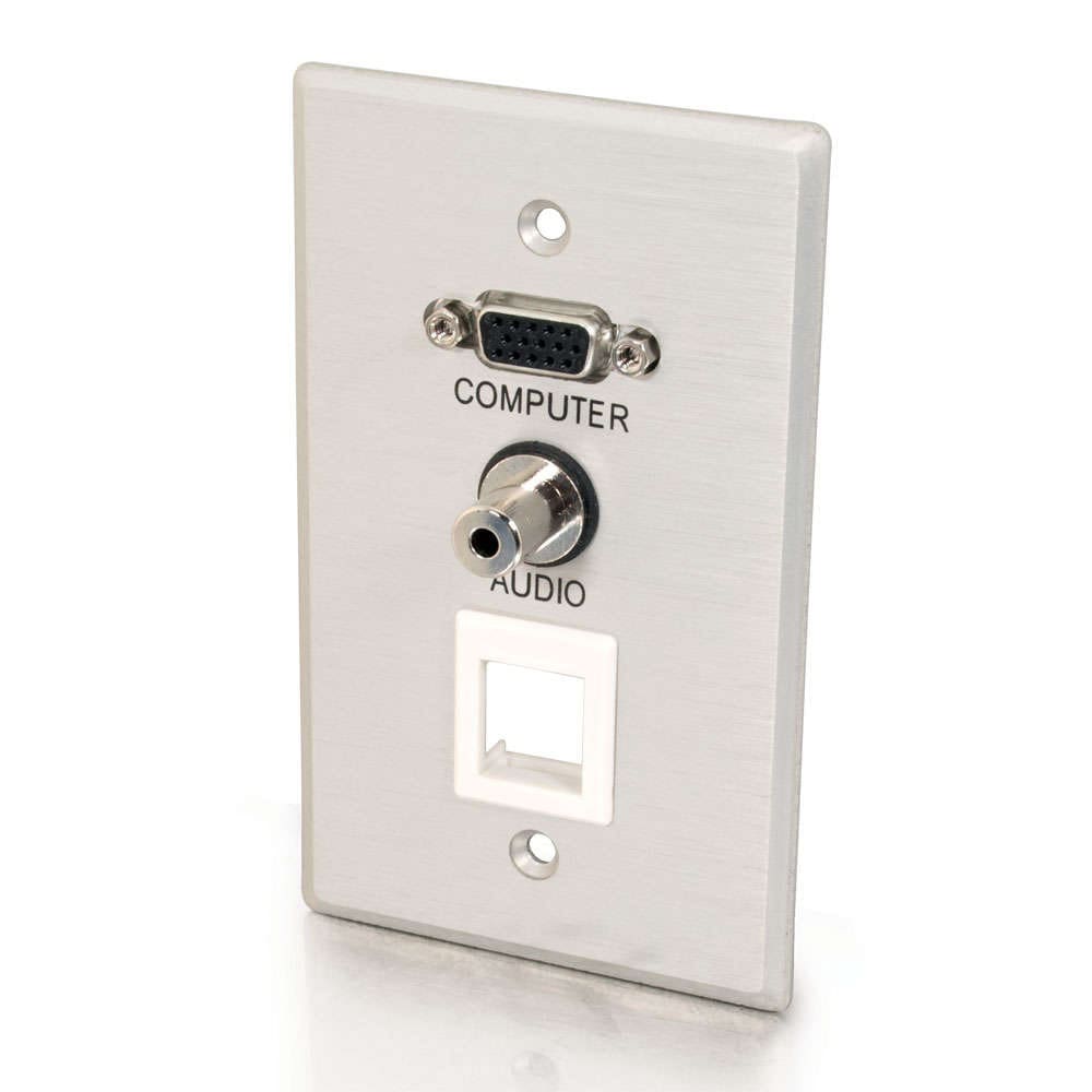 Here's an alt tag for the image: Silver wall plate with computer, audio, and network jacks.