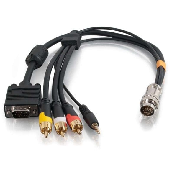 Multi-cable with VGA, RCA, and mini-jack.