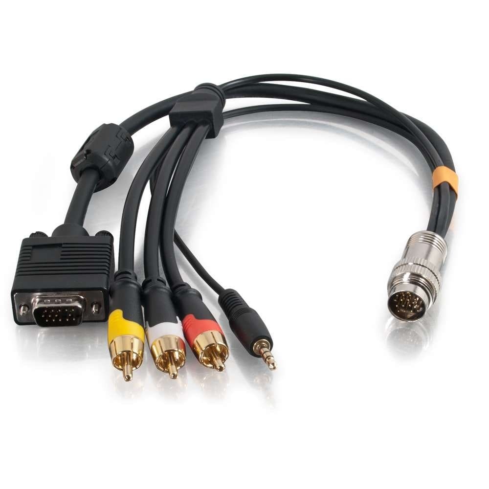 Multi-cable with VGA, RCA, and mini-jack.