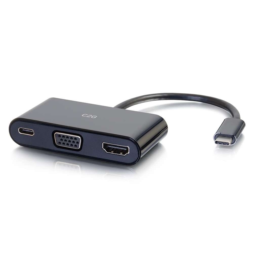 USB-C to HDMI, VGA, and USB adapter.